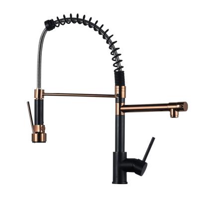 China Thermostatic Faucets Kitchen Faucet With Spring Pull-Down Spout, Brass Black+Rose Gold Kitchen Sink Faucet for sale