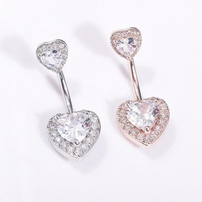 China New Double Love Heart Shape Navel Romantic Body Ring Stainless Steel Rhinestone Navel Piercing Jewelry for sale