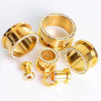 China Fashion and Gold Plating Stainless Steel Round Shape Crystal Ear Gauge Rhinestone Cultural Ear Tunnel Manufacturer for sale