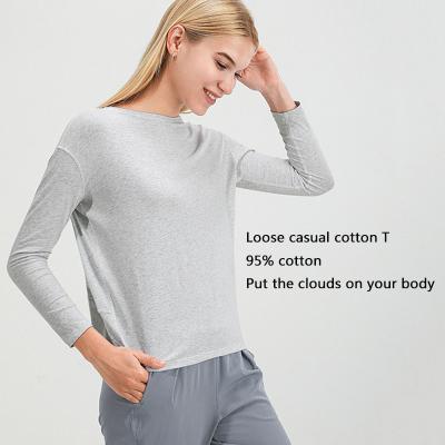 China Women's Lulu Cotton Long Sleeve Temperament Sports Yoga Dress Breathable Tops Anti-UV T-shirt Slim Fit Loose Shoulder Neckline Drop for sale