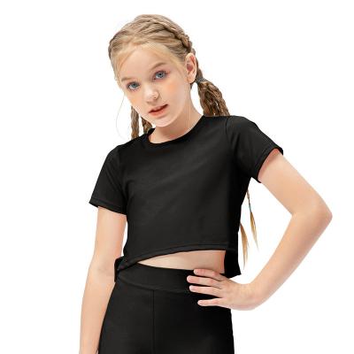 China Lulu New Girls Summer Breathable Sports Short Sleeve Breathable Kids Wear Dance Yoga Skin-Friendly Shaping Top T-Shirt for sale