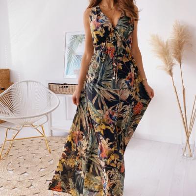 China Anti-Wrinkle Drop Shipping Brand New Women Fashion Deep V-Neck Elegant Dress Women Summer Printed Casual Dress for sale