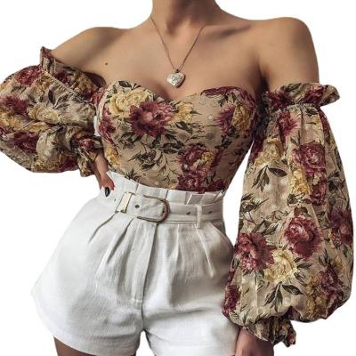 China Sexy Women's Chiffon Sleeve Lantern Print Chest Anti-wrinkle 2022 Short Soft Shirt Strapless Strapless Wrap Top for sale