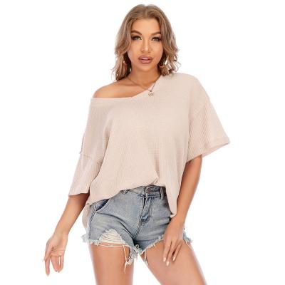 China New Women's Plus Size Summer Anti-wrinkle Top Waffle Knit V-Neckline Loose Short Sheath T-Shirt for sale