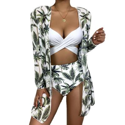 China 2022 Plus Size Women Print Bowknot Cutout Bikinis And Beach Cover Up Backless Swimwear Hollow Out Beachwear Three Piece Set for sale