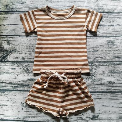 China Casual Wholesale Coffee Stripe Top Apricot Shorts Baby Clothes Sets Two Piece Set Clothing for sale