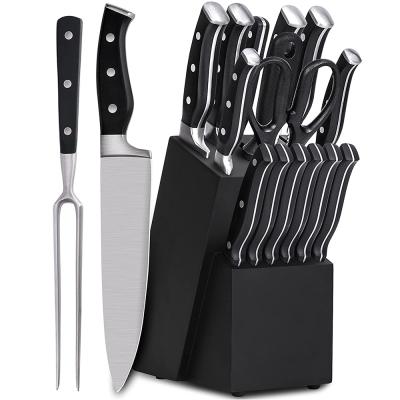 China Durable 16 Piece High Carbon German Stainless Steel Kitchen Knife Set With Wood Block Sharpening For Black Chef Knife Carving Fork for sale