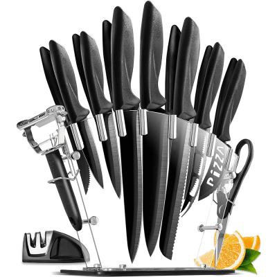 China Viable Professional Chef Quality 17 Piece Stainless Steel Kitchen Knife Set With Serrated Scissors Peeler Acrylic Stand 6 Steak Knives for sale