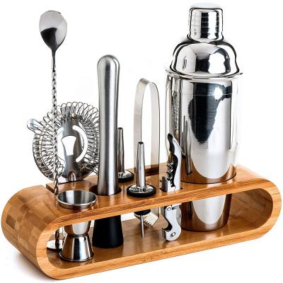 China Amazon Success Viable Cocktail Shaker Set Bar Tool Set Stainless Steel Martini with Bamboo Holder Best Bartender Kit Accessories for sale