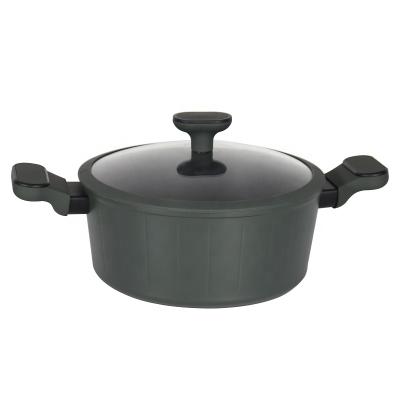 China Eco-friendly new type stocked non stick cookware spiral induction bottom silicone handle aluminum soup pot for sale