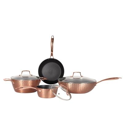 China Newest Home Kitchen Diamond Golden Rose Color Aluminum Cookware Non Stick Forged Cookware Set With Glass Lid for sale