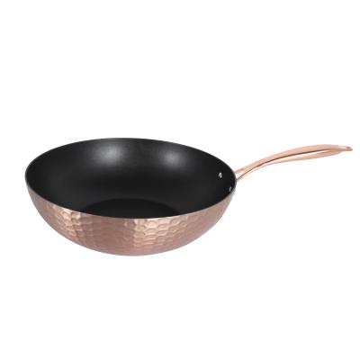 China 2020 fashionable latest color rose gold aluminum hammered nonstick cookware pan with glass lid for sale