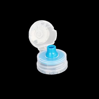 China Non Puddle Sports Cap For Drinks 38mm Sports Flip Top Caps With Silicone Blue Clear 28mm Valve for sale