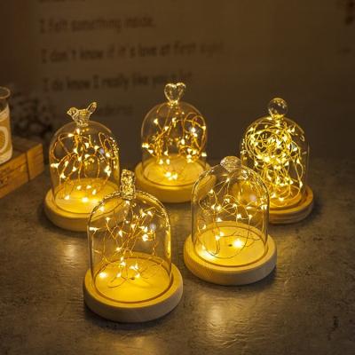 China Europe Christmas Display Dome Candle Glass Jar Led Light Flower Rose In Glass Dome With Wooden Base for sale