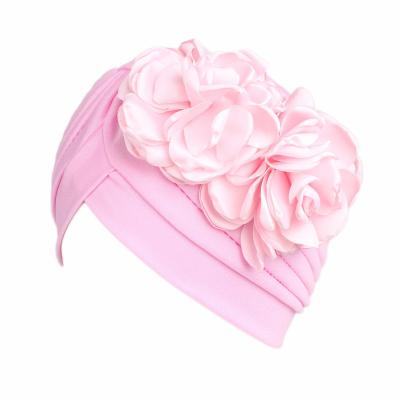 China New Double Flower Hair Decoration Turban Hat Women's Solid Color Polyester Beanie Hat Chemotherapy Hat for sale