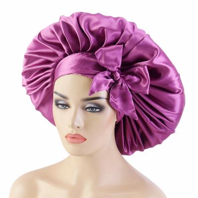 China Large Solid Color Satin Round Eco-Friendly Hat With Flames Tie Bow Satin Nightcap Ladies Bandana Hat for sale