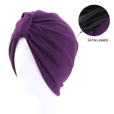 China Multifunctional Women's Double Satin Striped Hijab Hat Solid Color Cancer Hair Loss Chemotherapy Cap Muslim Hat for sale