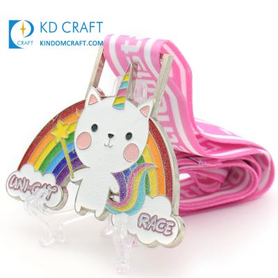 China Unique Custom Cute Unicorn Souvenir Kawaii Cartoon Glitter Enamel Rainbow Metal China Design Running Medal for sale