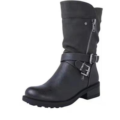 China Thermal Medium Tube Women's Boots Fall And Winter Belt Retro Women's Big Buckle Short Boots for sale