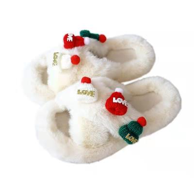 China Autumn And Winter New Wool Slippers Women's Flat Bottom Flip Flops Cotton Slippers Lightweight Indoor Soft Christmas for sale