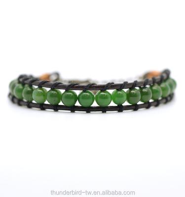 China Fashion TRENDY women leather wrap handmade natural green jade bracelet healing stone bracelets for sale