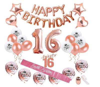 China Latex Happy Birthday Balloons Sweet 16 Cake Topper Rose Gold Sweet 16th Birthday Party Supplies Sweet Sixteen Party Decorations for sale