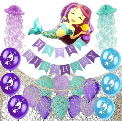 China Net Happy Birthday Banner Little Mermaids Latex Party Decor Fish Net Mermaid Party Supplies Decorations for sale