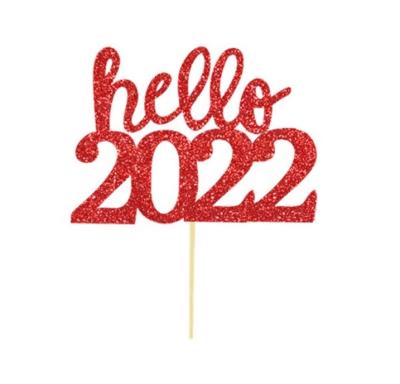 China Glitter New Years Eve Paper Cheers To Gold Glitter Cupcake Topper 2022 Happy New Year 2022 Topper for sale