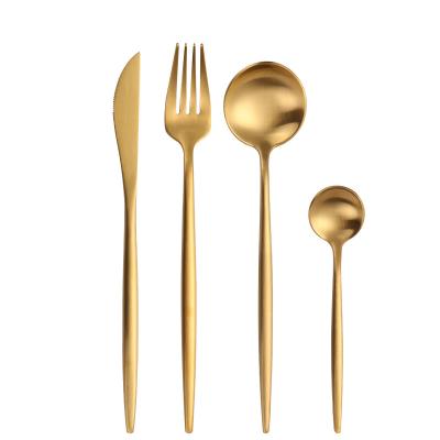 China Stocked Wholesale Fork Knife Spoon Set Copper Cutlery Plated Matte Gold Wedding Flatware for sale