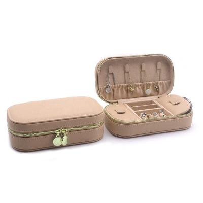 China Newest Nude Leather Jewelry Storage Box Leather Organizer Custom Logo Big Capacity Double Zip Travel Jewellery Case for sale