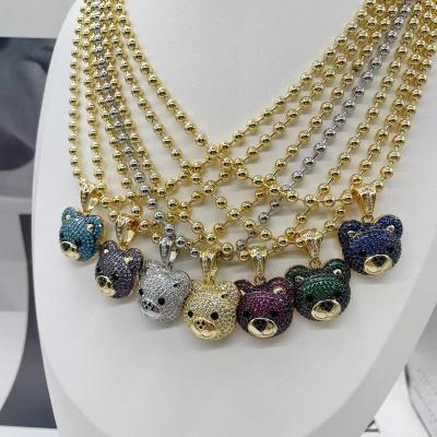 China 2023 New Europe and America Jewelry Cute Bear Head Hiphop Pendant Necklace Gold Beaded Chain Shiny Jewelry Pendent Necklace For Women Men for sale