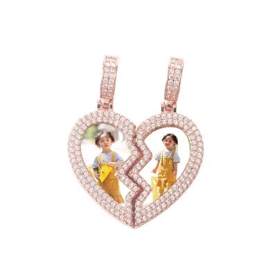 China FASHIONABLE Custom Picture Bling Necklace Jewelry Broken Heart Couples Pendant Photo Iced Out Love Pendant Couples Necklace for sale