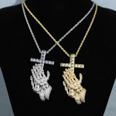 China Europe and America Hot Selling Color Silver Rhodium Plated Hip Hop Ice Mens Fashion Jewelry Micro Pave CZ Skeleton Skull Cross Mens Pendant Necklace for sale