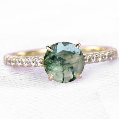 China Nickel-Free Lead-Free/100% natural Minimalist Gemstone Jewelry Solitaire 1.75 Carat Round Brilliant Cut Shaped Moss Green Agate Diamond Semi Eternity Ring for sale