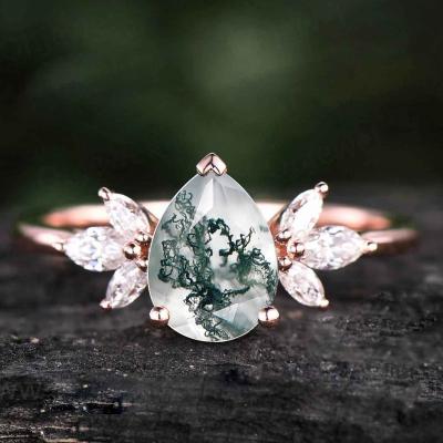 China Nickel-Free Lead-Free/100% natural Unique Designs Green Gemstone Engagement Ring Pear Cut Moss Agate Engagement Ring Dainty Marquise Cut CZ Cluster Wedding Ring for sale