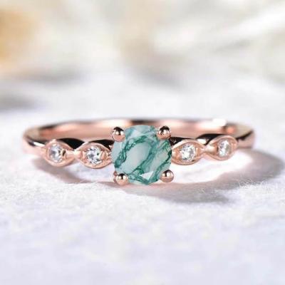 China Nickel-Free Lead-Free/100% natural Round Natural Faceted Moss Agate Solitaire Ring Rose Gold Cz Diamond 925 Sterling Silver Wedding Ring Bridal Ring Women for sale