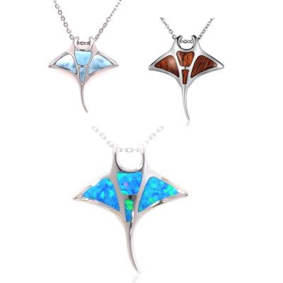 China Nickel-Free Lead-Free/handmade natural stone 925 Silver Rhodium Plated Hawaiian Manta Ray Fish Blue Opal Larimar Koa Wood Slider Pendant Handmade Inlay Jewelry for sale