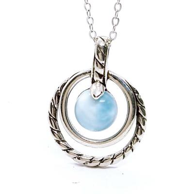 China Nickel-Free Lead-Free/handmade natural stone Antique Natural Blue Larimar Stone Pendant Double Round Rope Design Sterling Silver Circle Pendant Charms for sale