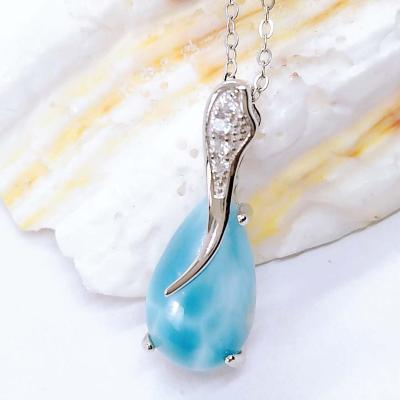 China Nickel-Free Lead-Free/handmade natural stone Fashion Women Streamlined 925 Sterling Silver Larimar Stone Jewelry Natural Precious Larimar Drop Shape Pendant Necklace for sale