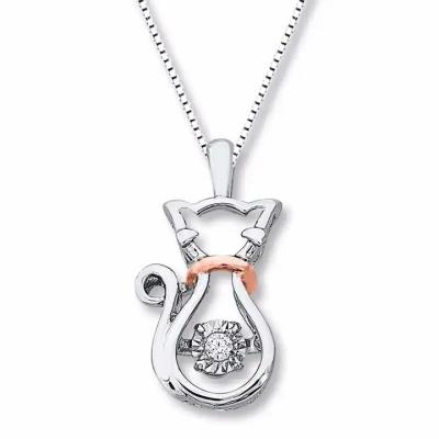 China Nickel-Free Lead-Free/handmade natural stone Valentine's Day Gift 925 Sterling Silver Jewelry Lovely Cat Cute Kitty Animal Pendant Two Tone Dance Cz Diamond Halo Necklace for sale