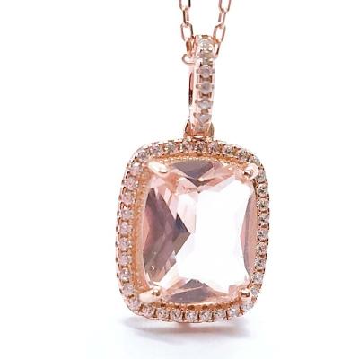 China Nickel-Free Lead-Free/handmade natural stone 14k Rose Gold Plated Cubic Zircon Halo Pendant 925 Sterling Silver Cushion Cut Shape 10x14mm Pink Morganite Frame Pendant for sale