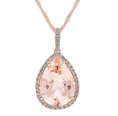 China Nickel-Free Lead-Free/handmade natural stone Vintage 925 Silver Pear Pink Morganite And Round Diamonds 23.50 Ct Halo Pendant 14k Rose Gold Plated Inspired Jewelry for sale