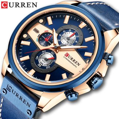 China Automatic Date CURREN 8394 Blue Genuine Leather Strap Men's Quartz Water Resistant Male Chrono Watch Wrist Watch for sale