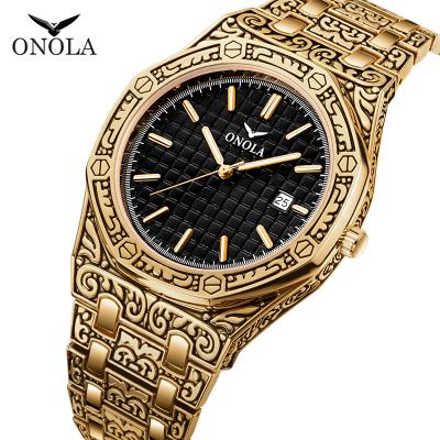 China Brand Man Fashion Date ONOLA 3812 Men Style Gold Engraving Quartz Classic Designer Automatic Wristwatch Waterproof Business Dress Watches for sale