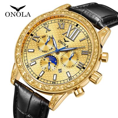 China Luxury Business Date ONOLA 6834 Automatic Mechanical Watches Waterproof Gold Watch Mens Customized Leather Automatic Watch For Men for sale