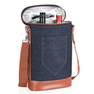 China Denim Fabric Wine Bottle Bag Travel Carrier Insulated Thermal Insulated Wine Bag for sale