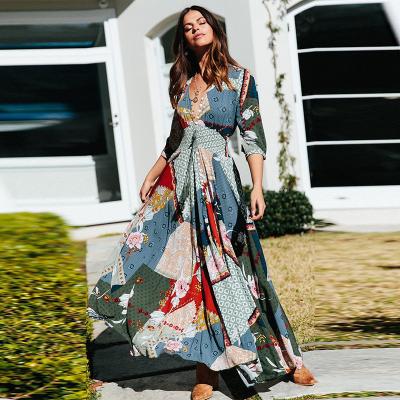 China 2021 Hot Women's Dress Breathable Print V-Neck Button Seven - Quarter Sleeves Long Dress for sale