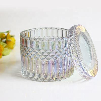 China Home Decoration Luxury Iridescent Glass Candle Jars With Glass Lid For Candle Making for sale