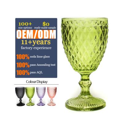 China FengJun Universal Wholesale 300ml Spray Emboss Transparent Pink Green Green Stemware Water Goblets Solid Colored Glass Wine Glass Luxury for sale