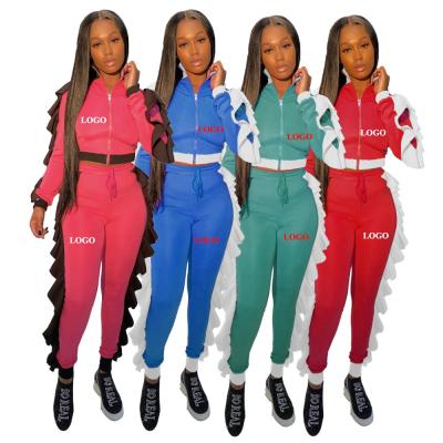 China Sustainable Winter Ruffled 2 Piece Womens Two Piece Set Womens Casual Sport Drop Joggers Sets Custom Tracksuit With Logo for sale